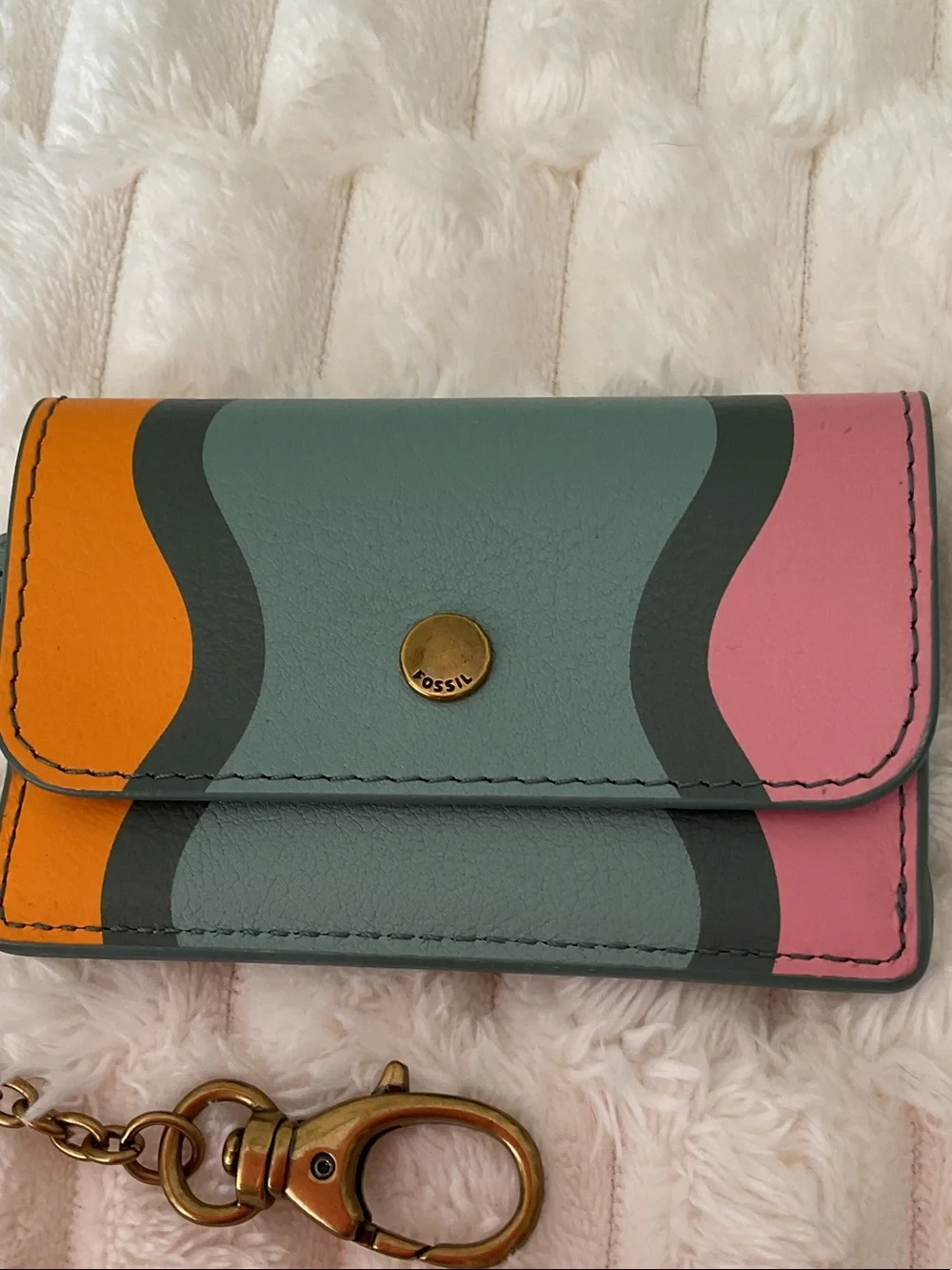 Fossil Leather Card Case in Pink, Orange and Sage Green